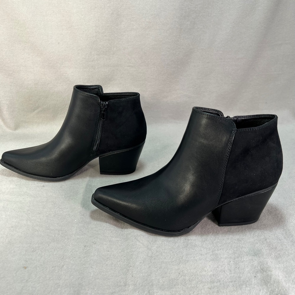Black Pointed Toe Block Heel Ankle Booties Edgy Street Style Night Out 7.5 - Picture 8 of 16